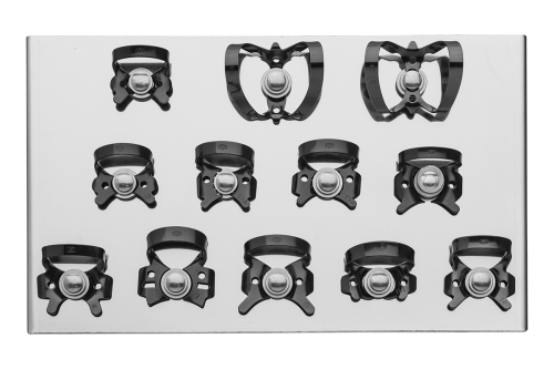 Набор из 12 клампов для раббердама/коффердама с черным покрытием на подставке (Dentech, Япония) Продажа стоматологического оборудования в Санкт-Петербурге